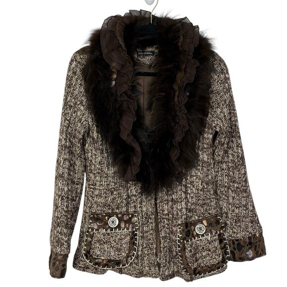 Y2K Size M Fairy Grunge Ruffled Cardigan Racoon Fur Trim Whimsigoth Brown - Picture 1 of 10